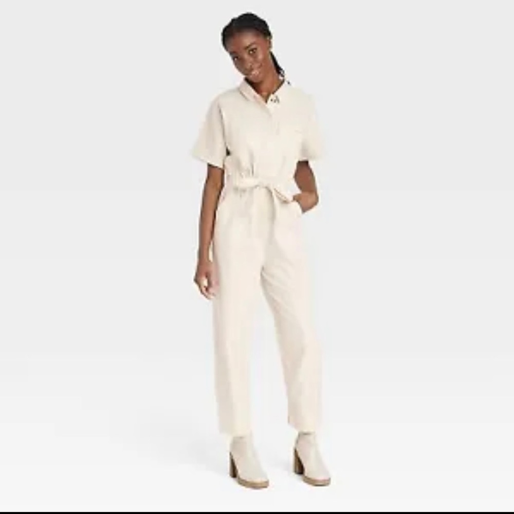 Women's Short Sleeve Button-Front Boilersuit - Universal Thread Cream 8